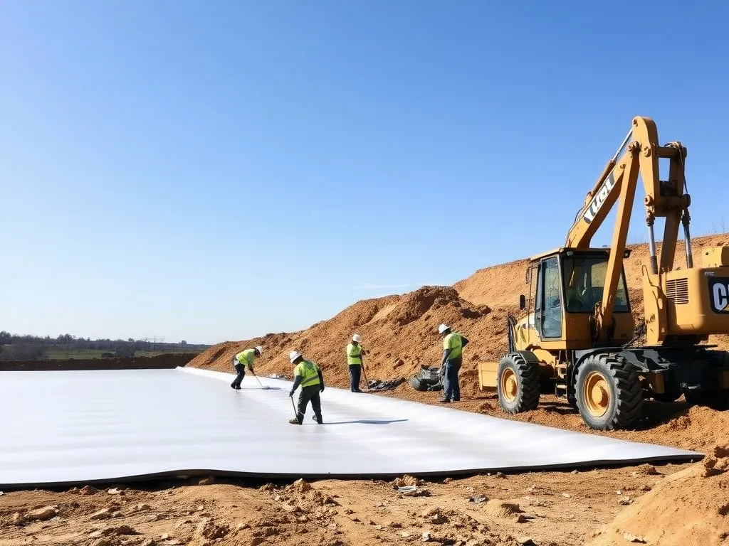 Workers installing HDPE geomembranes at a pond site with earth-moving equipment, under clear skies, structured and methodical progress visible