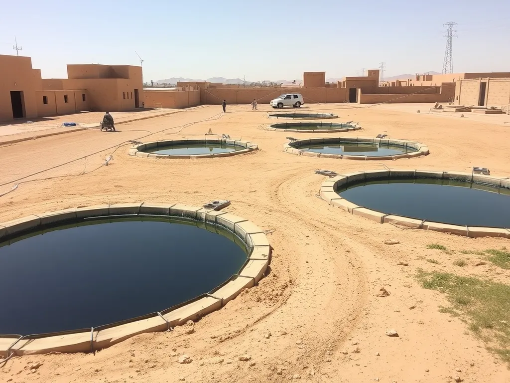 Middle Eastern scene with installed HDPE lined ponds under sunny conditions, local architecture or desert features