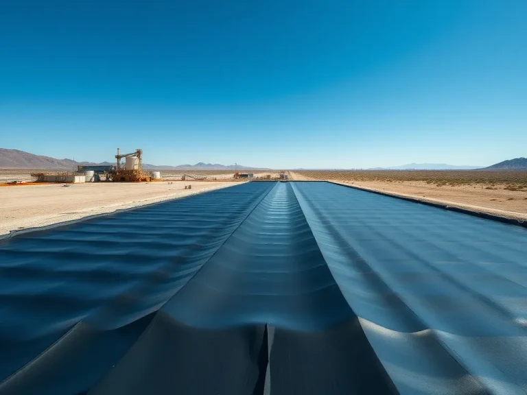 A large-scale industrial evaporation pond lined with HDPE geomembranes, capturing an arid environment with clear blue skies, machinery, and contrast between the geomembrane and nature, high quality, professional photography style