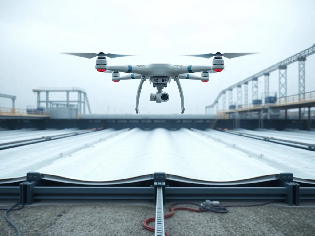 Futuristic industrial setup using drones and digital tools to monitor HDPE geomembranes, showing smart mapping and real-time technology