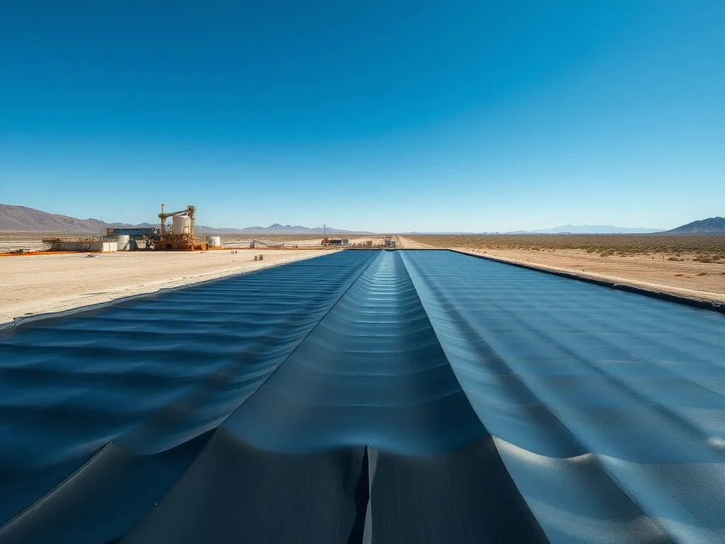 A large-scale industrial evaporation pond lined with HDPE geomembranes, capturing an arid environment with clear blue skies, machinery, and contrast between the geomembrane and nature, high quality, professional photography style