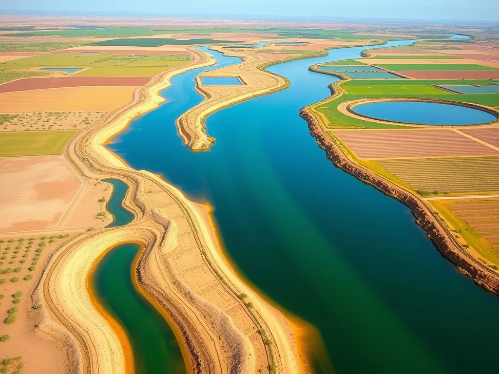 Agricultural landscape in Saudi Arabia with HDPE-lined irrigation canals and reservoirs, depicting water conservation and modern farming techniques, vibrant colors