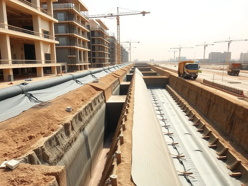 Construction project in Saudi Arabia with HDPE geomembranes, showing infrastructure development, vapor barriers and stormwater attenuation basins, detailed, showing urban environment