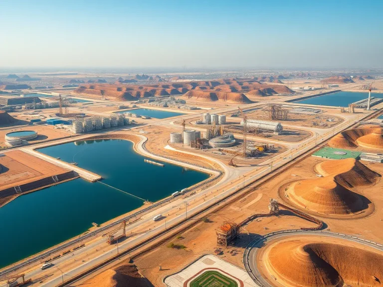 Expansive industrial landscape with HDPE geomembranes integrated, showing diverse applications like mining, oil, construction, agriculture in Saudi Arabia, photorealistic, high quality, detailed composition