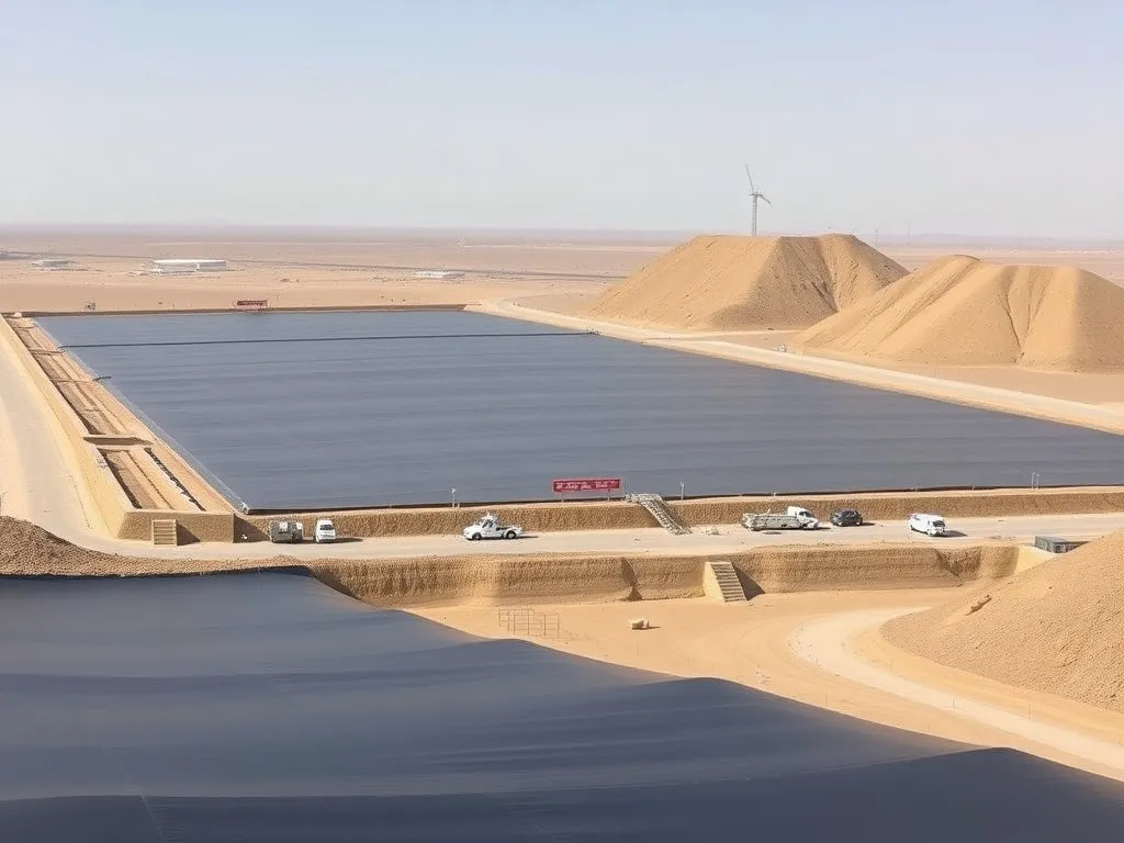 Modern landfill site in Saudi Arabia using HDPE geomembranes for leachate containment and gas management, showing environmental protection measures