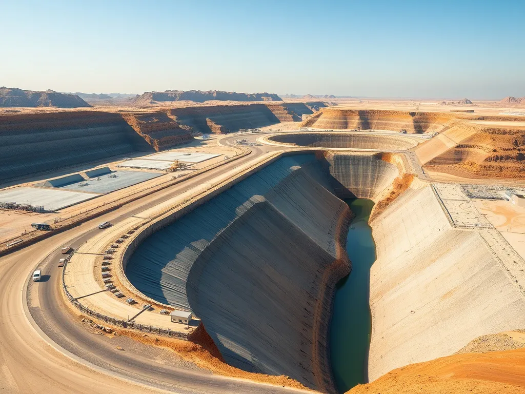 Mining operation site in Saudi Arabia with HDPE geomembranes used in heap leach pads and tailings dams, illustrating environmental protection, photorealistic, professional lighting