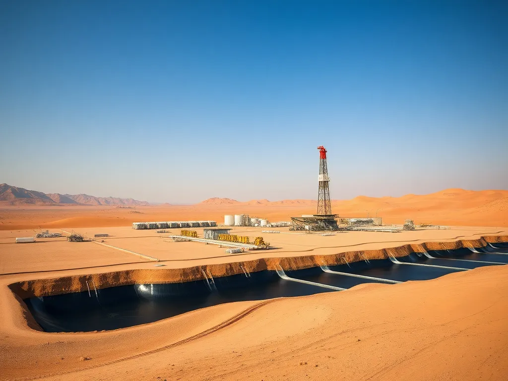 Oil and gas facility in desert landscape of Saudi Arabia with HDPE geomembranes lining drilling fluid pits and secondary containment areas, emphasizing ecosystem protection, high quality, UV lighting effects