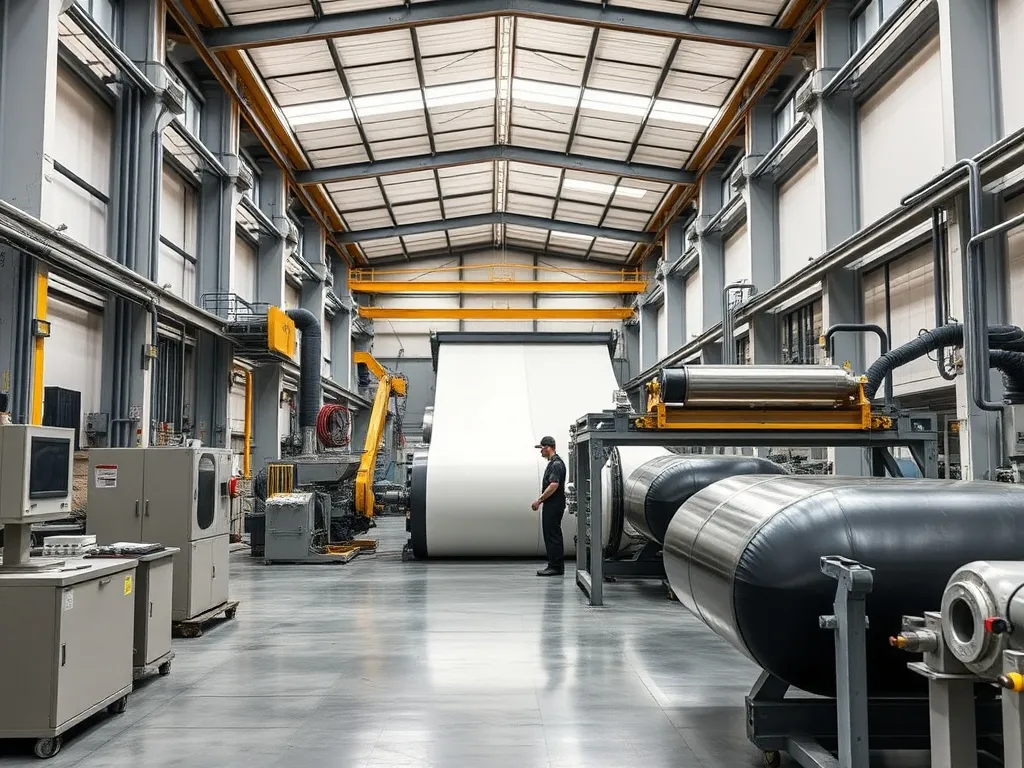 HDPE geomembrane manufacturing process, factory interior with extrusion machinery, quality control testing, photorealistic, detailed, professional setting