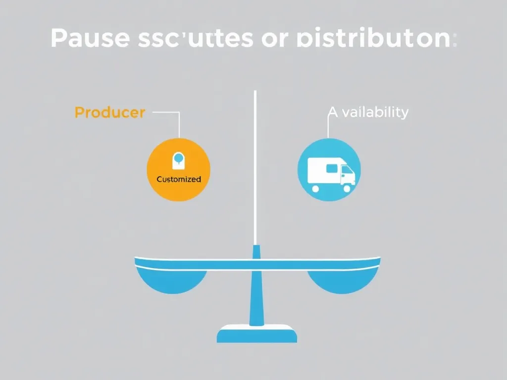 Illustration of decision-making process between choosing producer or distributor, weighing factors like price, customization, and availability, professional infographics style