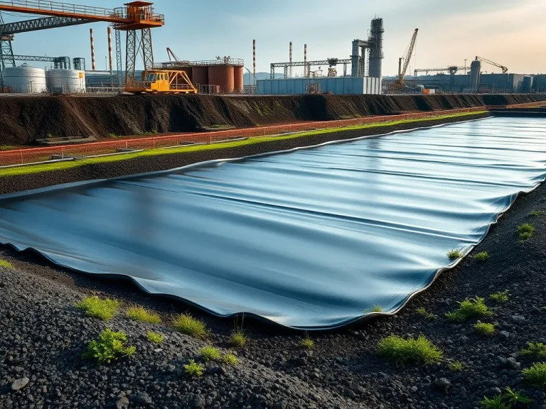 Industrial landscape featuring HDPE geomembrane applications in landfills and irrigation ponds, detailed textures, modern industrial setting, professional lighting, high quality