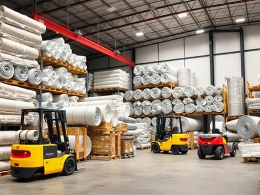 Logistical operations at a distributor warehouse, organized inventory of geomembrane rolls, forklifts, and coordinated deliveries, high quality, professional photography