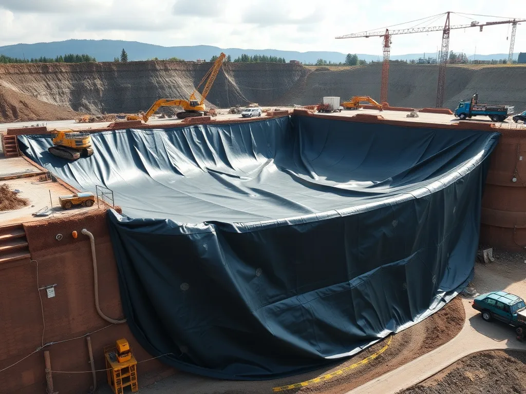 Successful deployment of HDPE geomembranes in mining and construction, dynamic environment of mining site and construction project, high quality, professional photography