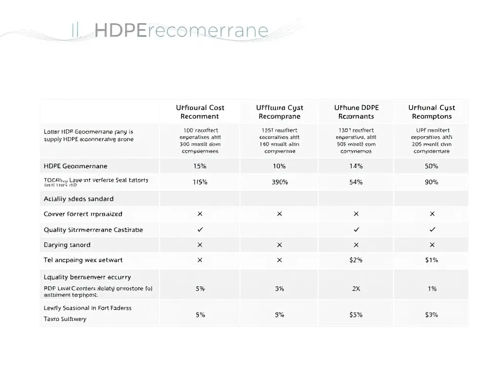Comparative chart depicting various HDPE geomembrane supplier offers, emphasizing quality, standards, and cost, professional design, clean background, high detail