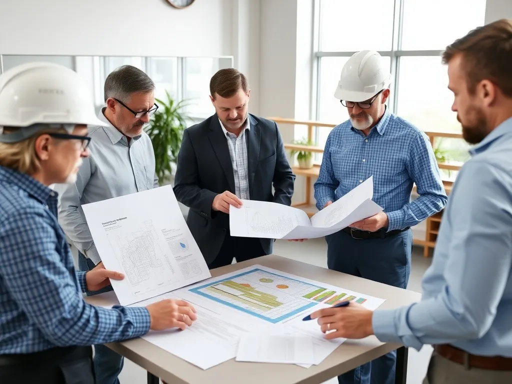 Professional setting showing a group of engineers discussing HDPE geomembrane installation plans, with charts and diagrams, modern office environment, high quality, natural lighting