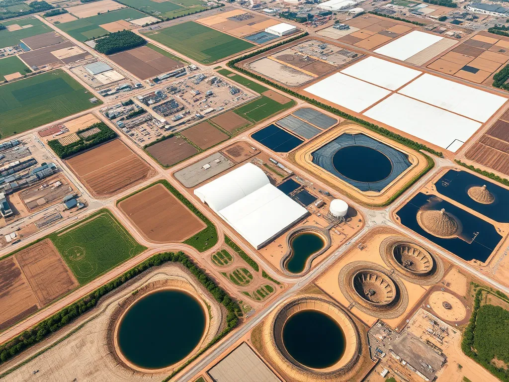 Wide aerial view of various industrial sites using HDPE geomembranes, including agricultural fields, mining areas, and water reservoirs, showing the extensive use of geomembranes, high quality, detailed, natural lighting