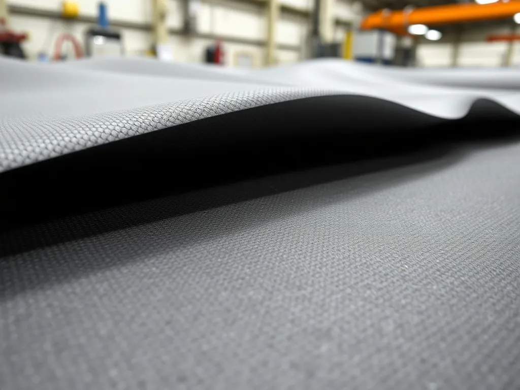 Close-up of HDPE geomembrane material with textured and smooth surface in a manufacturing or lab setting, detailed and professional photography