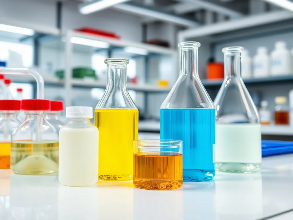 Composition of chemical laboratory with tested HDPE samples, showcasing the material's chemical resistance, modern and clean lab setting, detailed