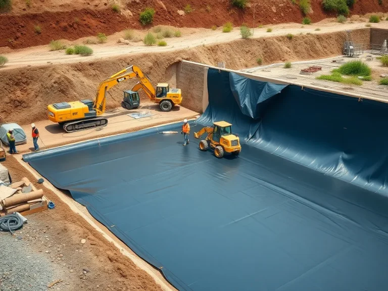 High density polyethylene geomembrane installation in an environmental containment setting, featuring construction workers, machinery, and a large synthetic liner being laid over a foundation, photorealistic, high quality