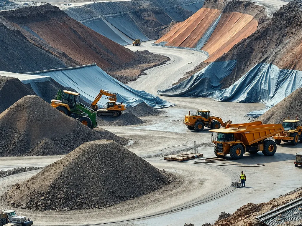 Image of a mining site utilizing HDPE liners for containment, showcasing large piles of earth, machinery, and visible geomembranes in use, high quality and photorealistic