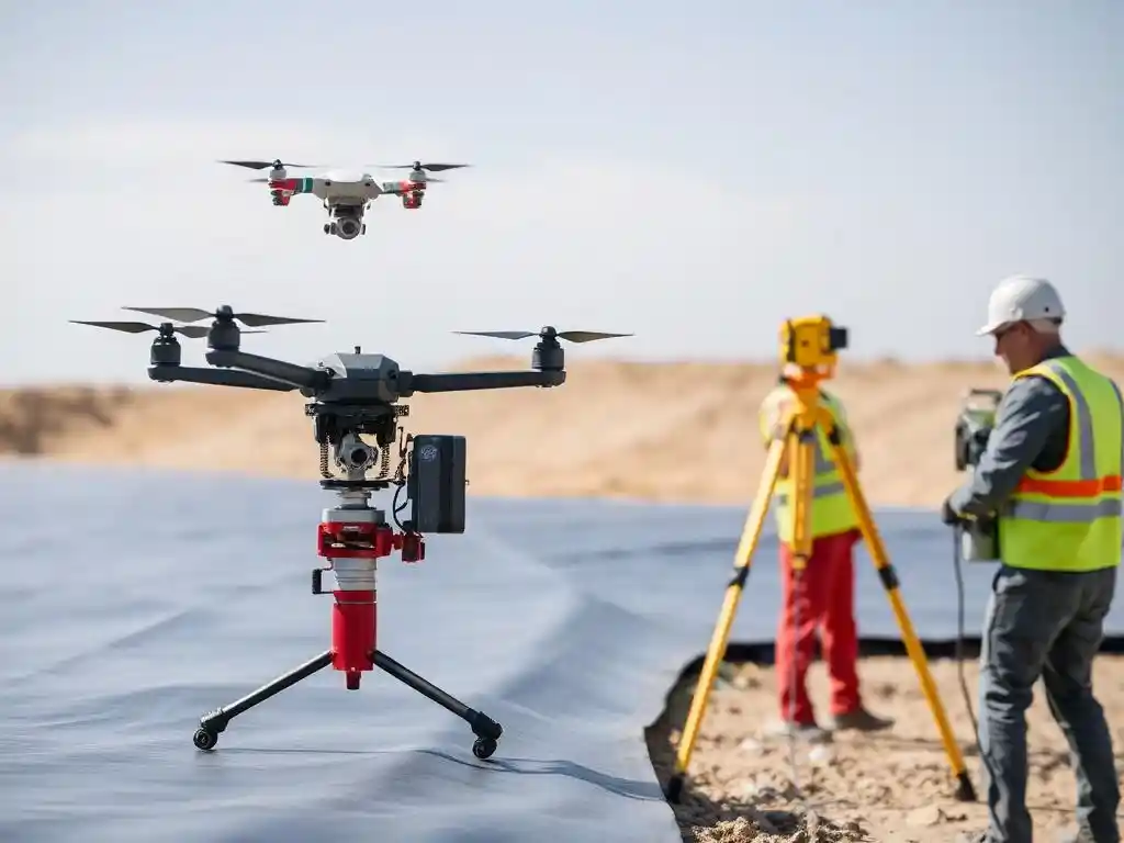 Advanced geomembrane installation equipment including digital welders, drones, and GNSS tools being used on-site, detailed, modern technology, clear sky, and professional setting
