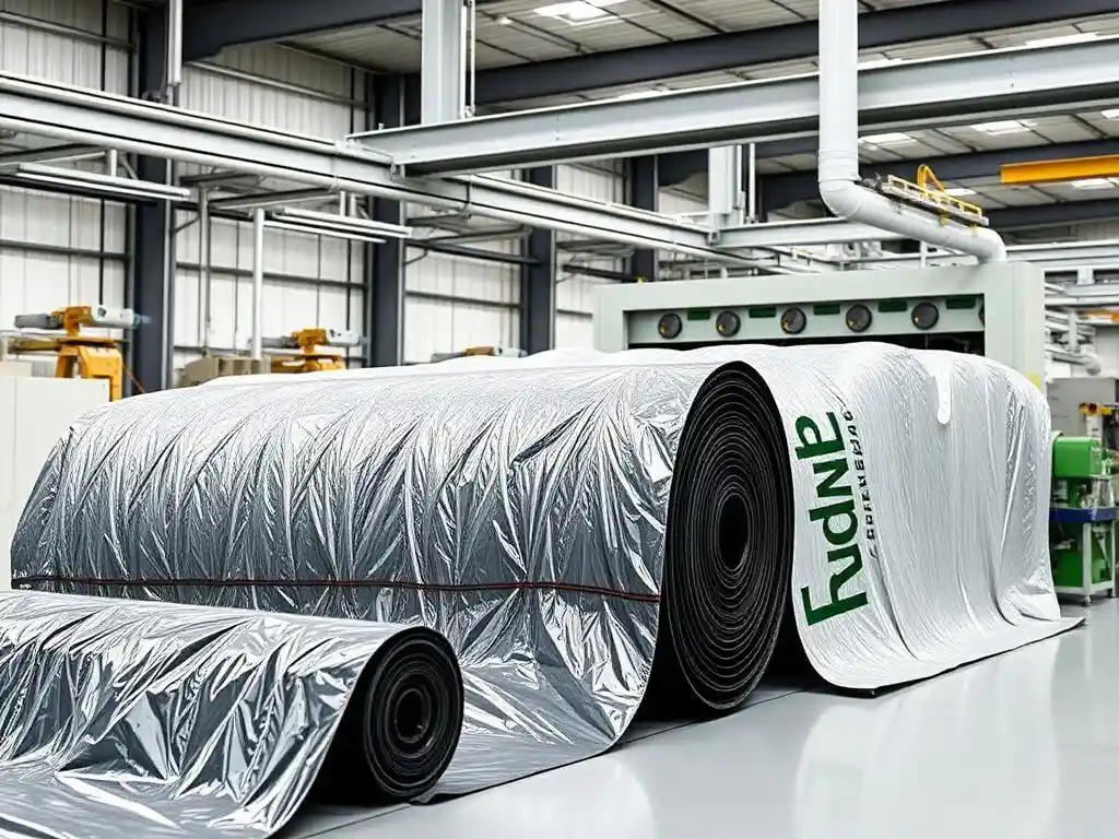 Depiction of sustainable, recycled geomembrane materials being co-extruded, showcasing the process and environmental benefits, high quality, clean lines, innovative design