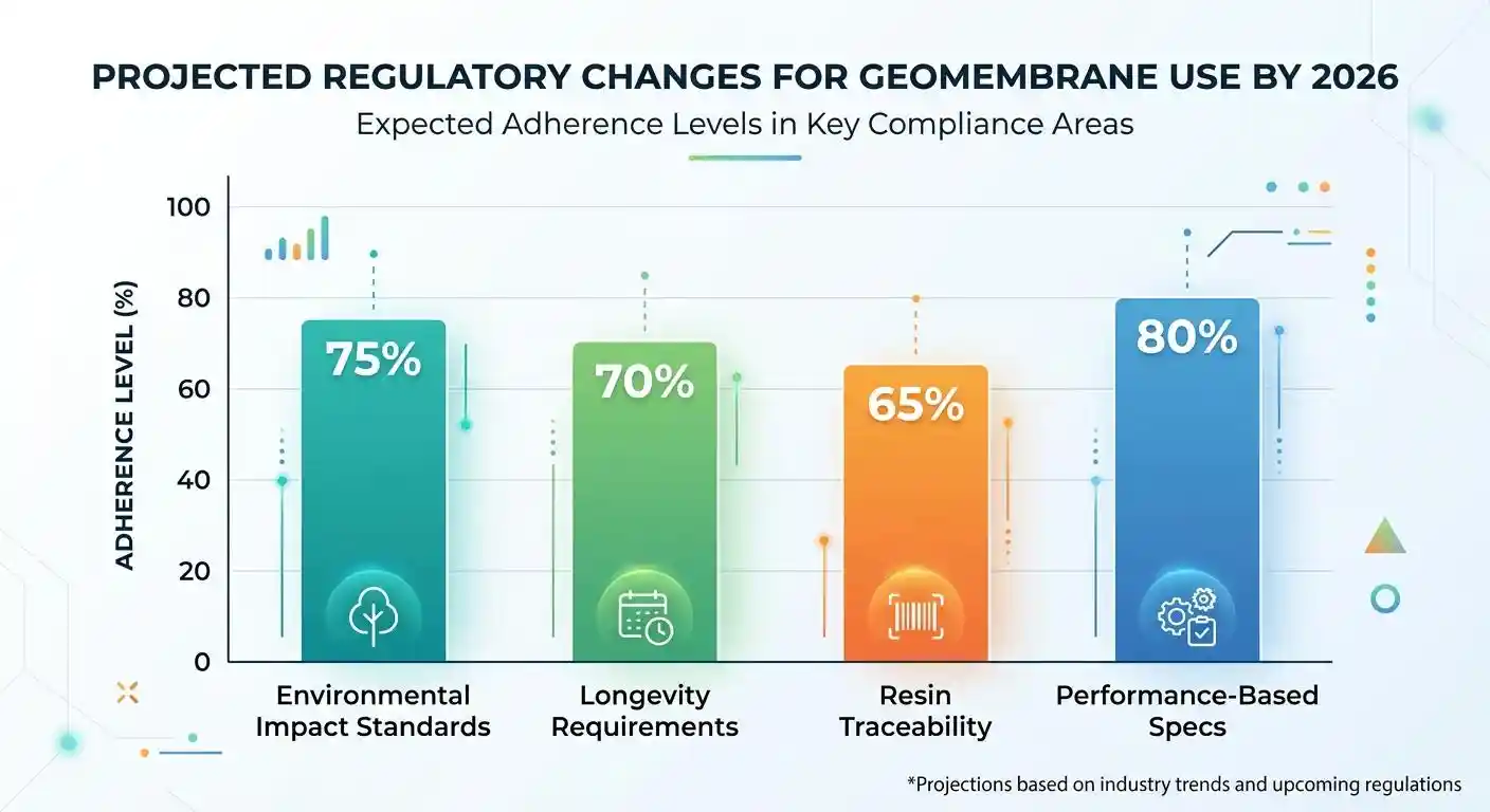Statistical bar chart displaying projected regulatory changes for geomembrane use by 2026: Environmental Impact Standards 75% adherence, Longevity Requirements 70% adherence, Resin Traceability 65% adherence, Performance-Based Specs 80% adherence. Modern clean design with clearly labeled data and legible numbers.