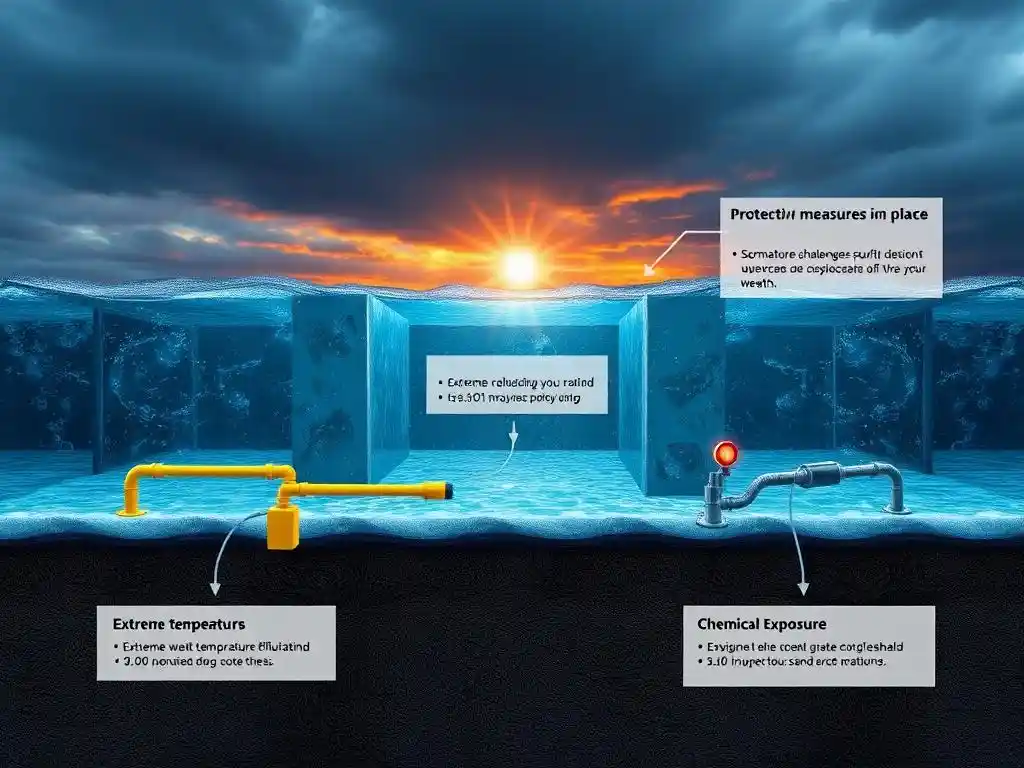 Scenarios of geomembrane systems facing future challenges like extreme weather, temperature fluctuations, and chemical exposure, highlighting protective measures in place, photorealistic