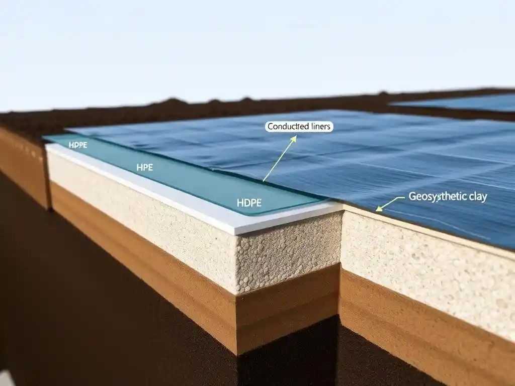 Successful geomembrane system with labeled layers showing HDPE, conductive liners, and geosynthetic clay, emphasizing the project’s strength, chemical resistance, and sustainability, detailed, professional photography