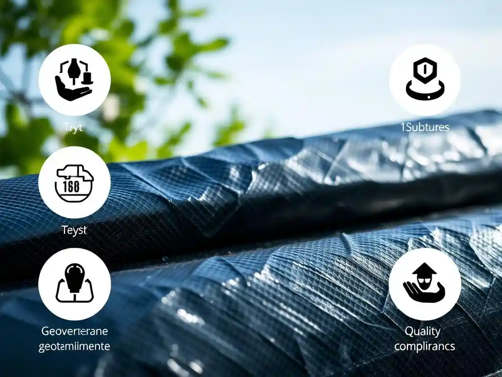 Visual representation of geomembrane regulatory compliance, focusing on sustainability, environmental protection, and quality control measures, intricate details, and clear lighting