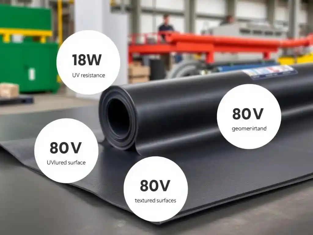 Image of advanced HDPE geomembrane materials with enhanced features like UV resistance, flexibility, and textured surfaces, set in a factory setting.
