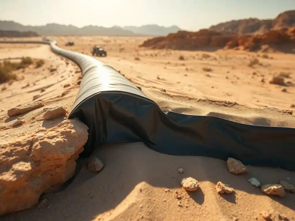 Detailed image of desert challenges like heat and wind affecting infrastructure, showcasing geomembrane protection against these harsh elements, with a focus on sandy and rocky terrains under sunlight.