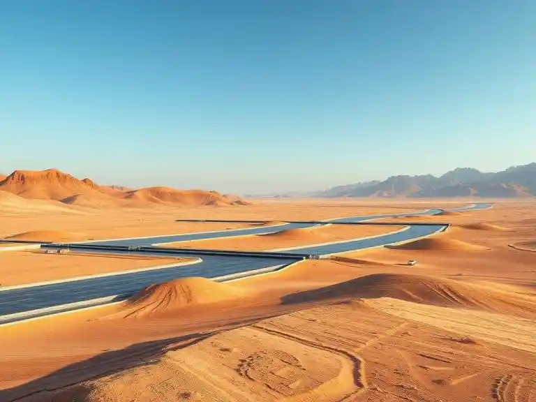 Photorealistic image of a desert landscape with advanced geomembrane applications, showcasing innovative infrastructure technologies in an arid environment, high quality, with professional lighting.