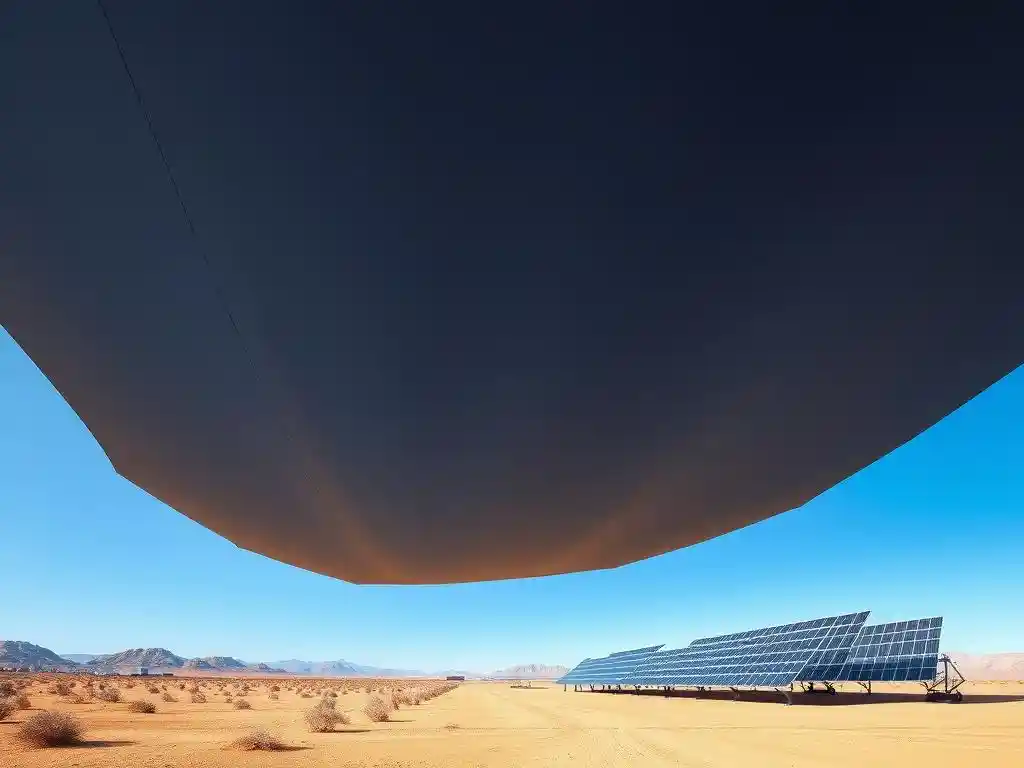 Futuristic depiction of geomembrane applications integrating renewable energy and sustainable practices in dry environments, showing panels and solar installations.
