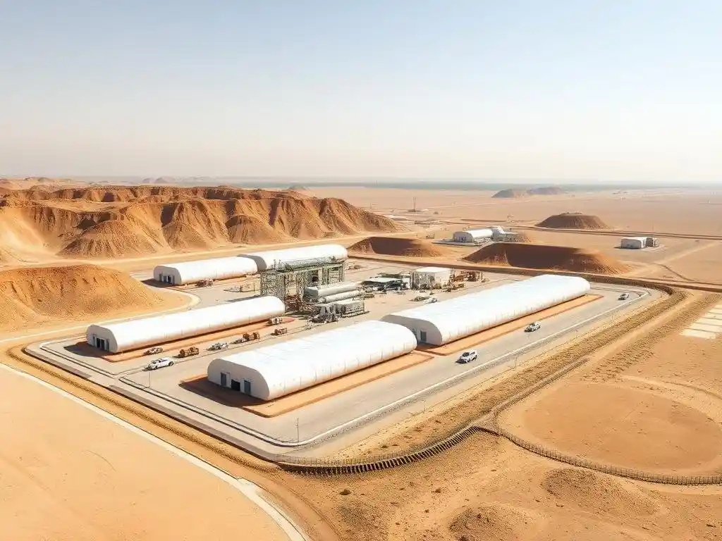 High-quality visual of the Umm Wu’al Phosphate Project with geomembrane installations on a mining site, illustrating containment solutions in a desert landscape.
