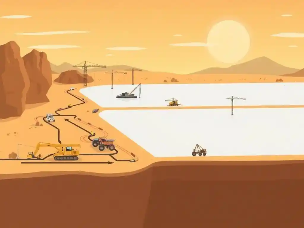 Illustration of complex infrastructure regulation compliance process in a desert setting, depicting construction work with focus on geomembrane applications.