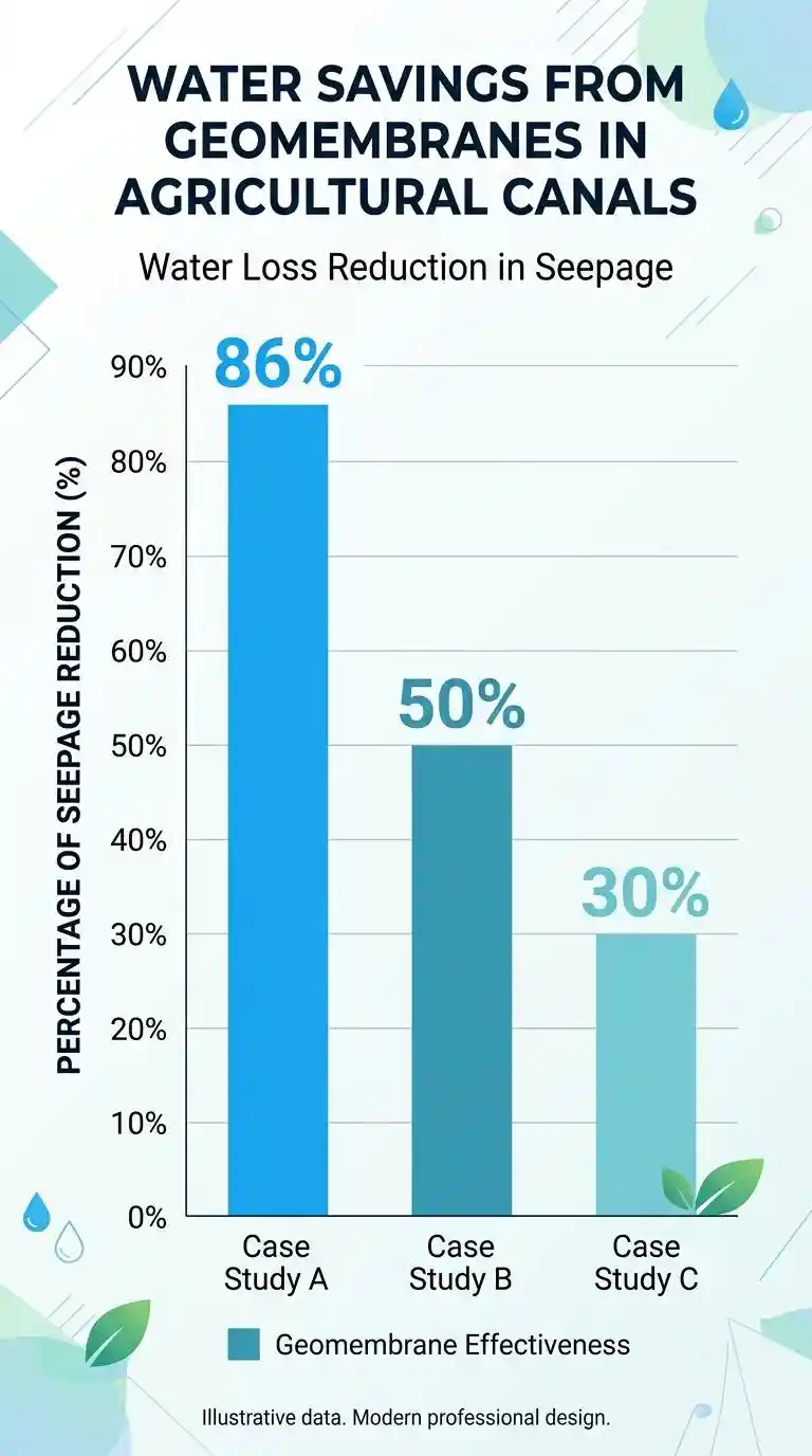Vertical bar chart illustrating the water savings from using geomembranes in agricultural canals: 'Water Loss Reduction': 'Seepage Reduction by 86%', 'Seepage Reduction by 50%', 'Seepage Reduction by 30%'. Clear labels, legible numbers, modern clean design, professional color palette.