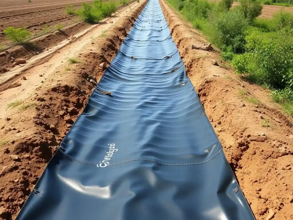 Image of a lined agricultural canal in a dry region, depicting reduced water seepage and enhanced water efficiency through geomembrane use, showing greenery around.