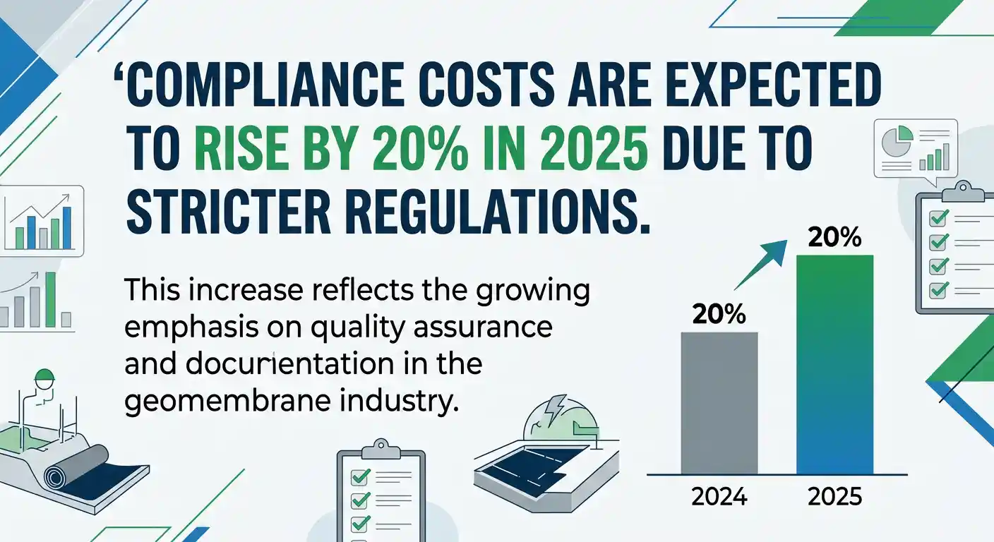 Bold statistic highlighting the projected increase in compliance costs for geomembrane projects: 'Compliance costs are expected to rise by 20% in 2025 due to stricter regulations.' Include a brief context: 'This increase reflects the growing emphasis on quality assurance and documentation in the geomembrane industry.' Use a modern clean design with a professional color palette, ensuring that the statistic is prominently displayed.

