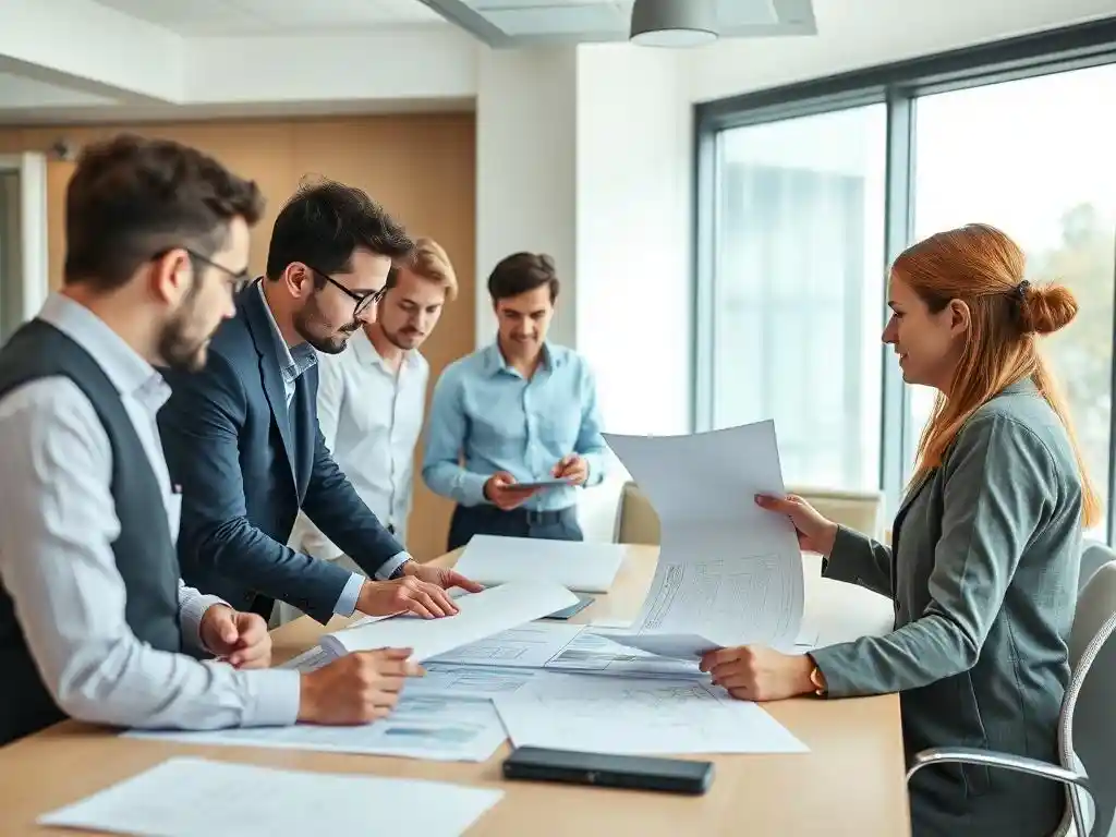Engineers reviewing site plans and compliance documents in a modern conference room, natural lighting, diverse team of professionals, clean and modern aesthetic

