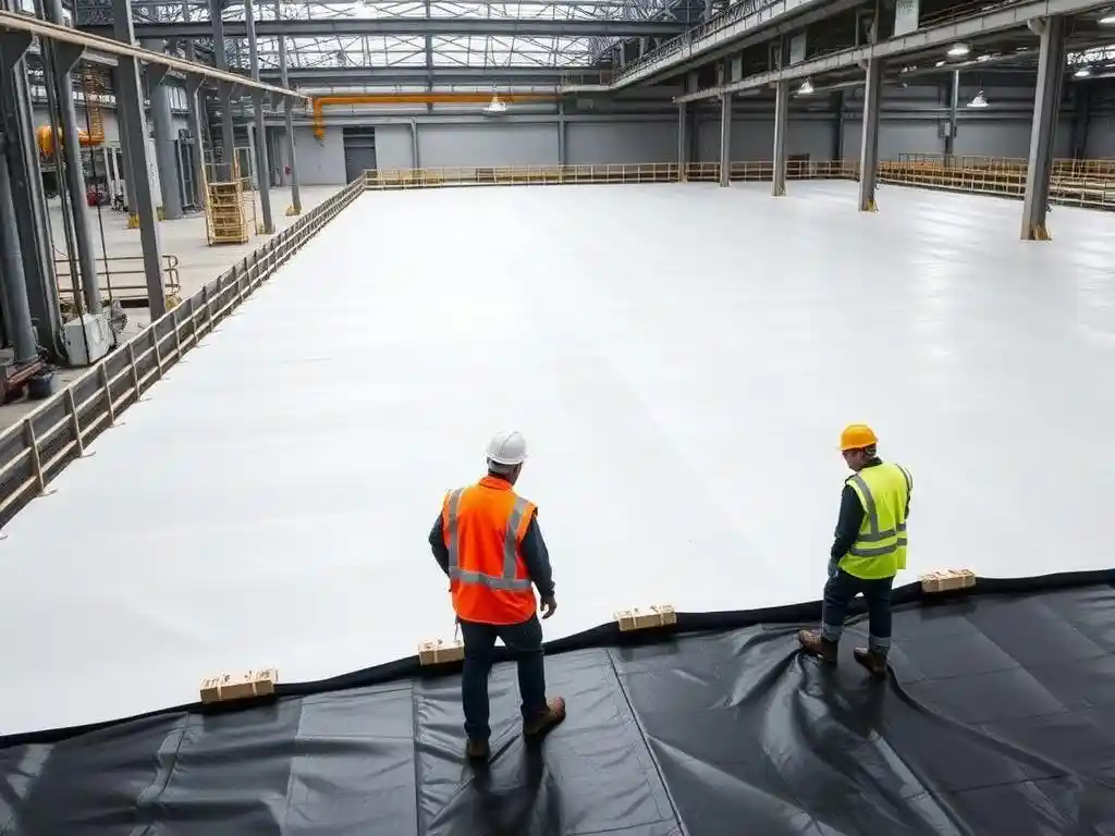 Industrial facility with geomembrane installation for liquid containment, workers in protective gear ensuring proper placement, professional photography, high contrast

