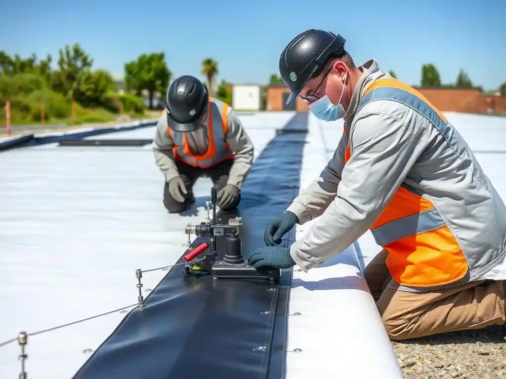 Technicians performing seam testing on geomembrane in an outdoor setting, using advanced testing equipment, focus on precision and detail, professional setting

