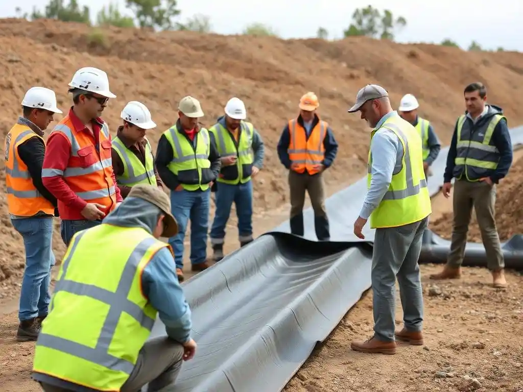 Training session for geomembrane installation crew, instructor demonstrating proper techniques, hands-on training environment, diverse group, realistic and engaging

