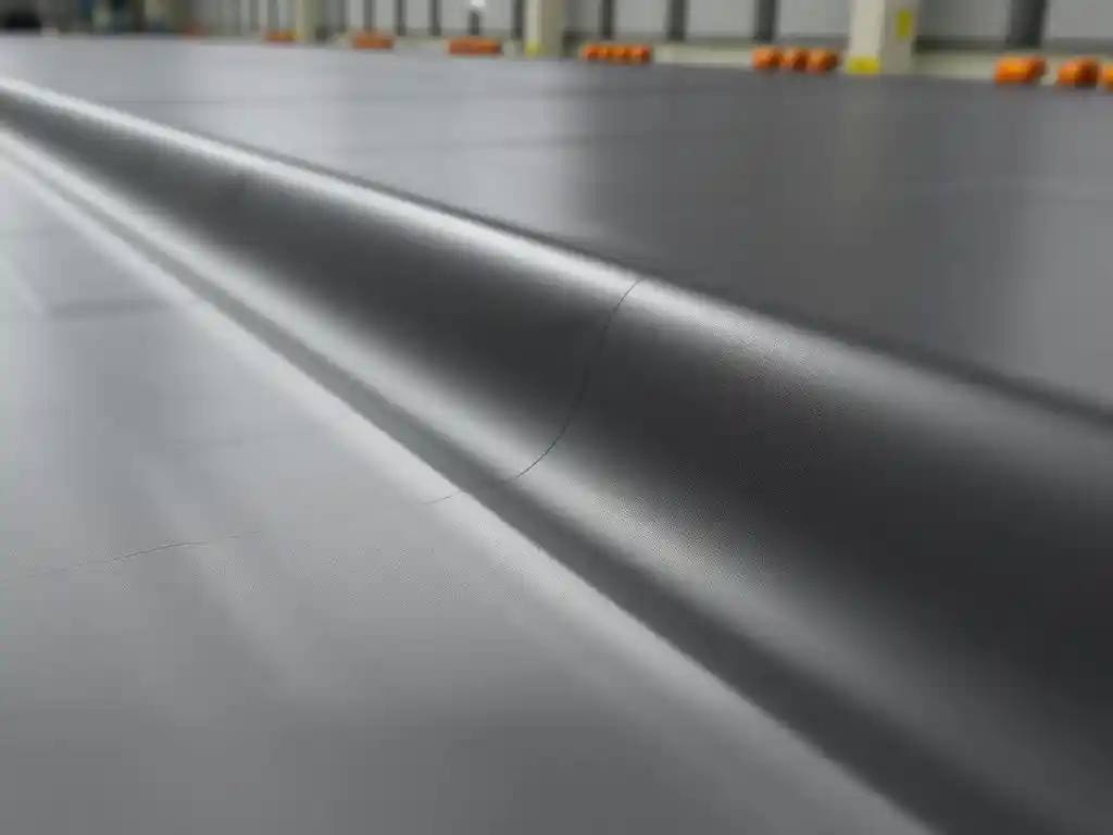 Close-up of BPM HDPE Geomembrane with smooth and textured finishes, showing high-density polyethylene material in an industrial setting, photorealistic, detailed texture, no text