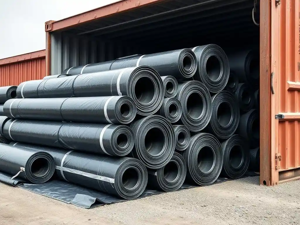 Photorealistic image of HDPE geomembrane rolls stored and prepared on-site for deployment, showing careful handling and storage conditions, no text