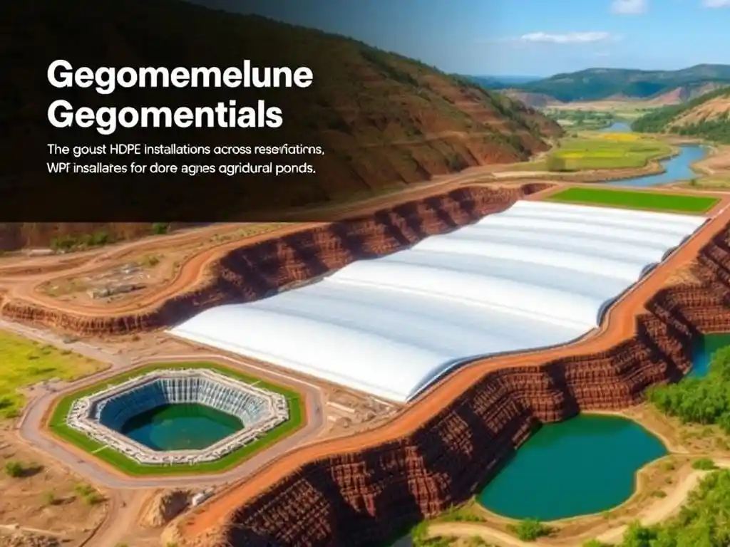 High-quality geomembrane application overview, showing different settings such as landfills, mining sites, water reservoirs, and agricultural ponds, with a focus on robust HDPE installations across diverse environments, photorealistic, no text