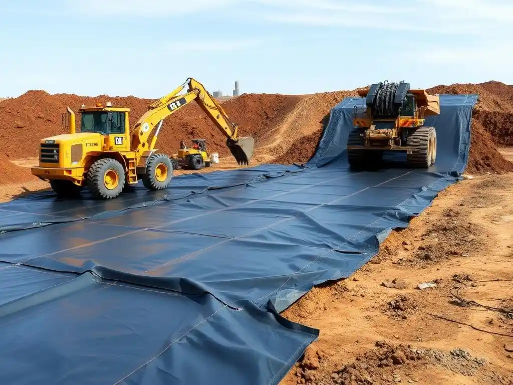 Installation of HDPE liners in a large landfill site with machinery and workers ensuring smooth application, photorealistic, professional setting, no text