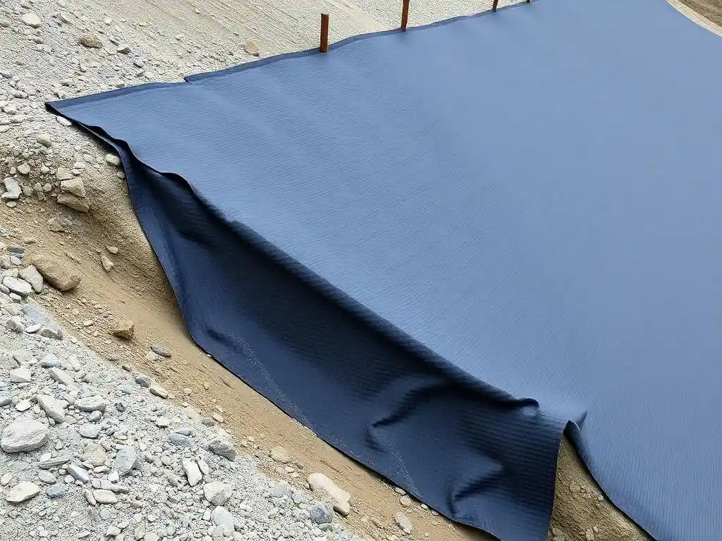 Textured HDPE geomembrane installed on a slope, showcasing friction and stability features in a mining setting, high detail, photorealistic, no text