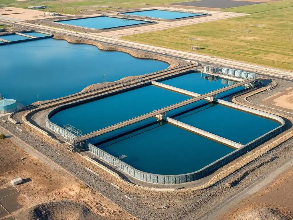 Depiction of industrial infrastructure using Solmax geomembrane in flat terrains or containment ponds