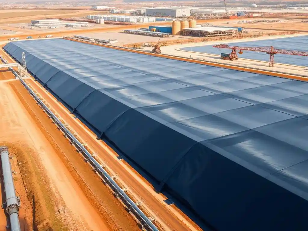 High-quality HDPE geomembrane installation, showcasing a large industrial site with impermeable barriers, photorealistic, high-detail, professional lighting, showcasing large-scale infrastructure layout