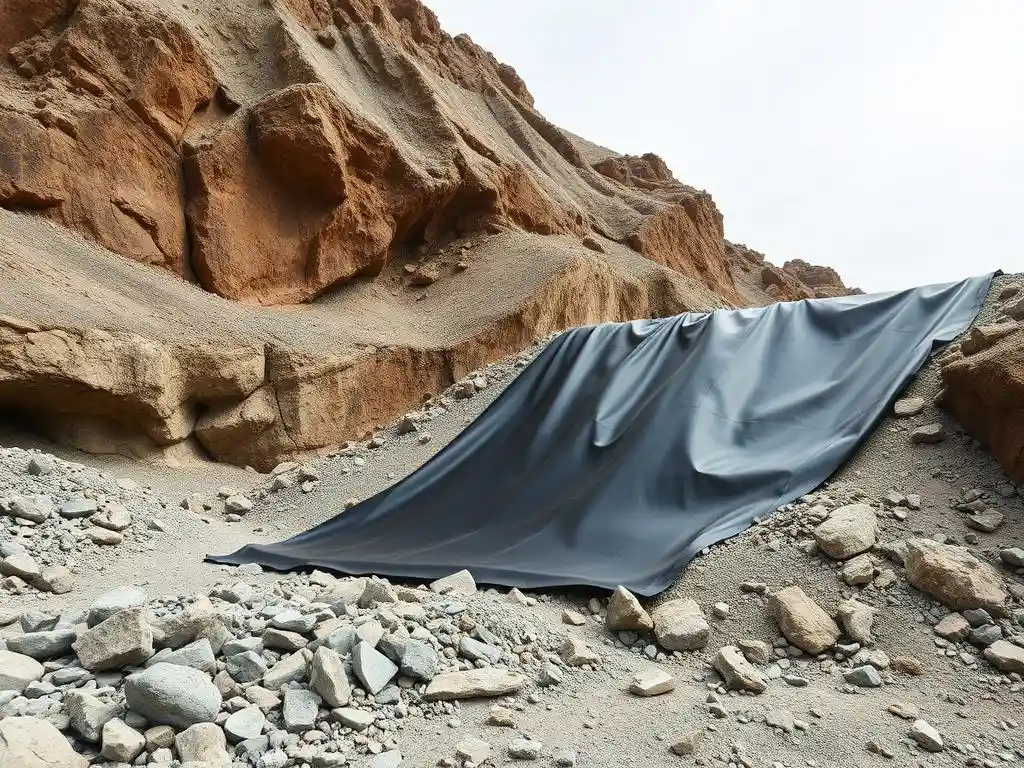 Mining environment with rocky terrain, highlighting heavy-duty geomembrane withstanding abrasive conditions